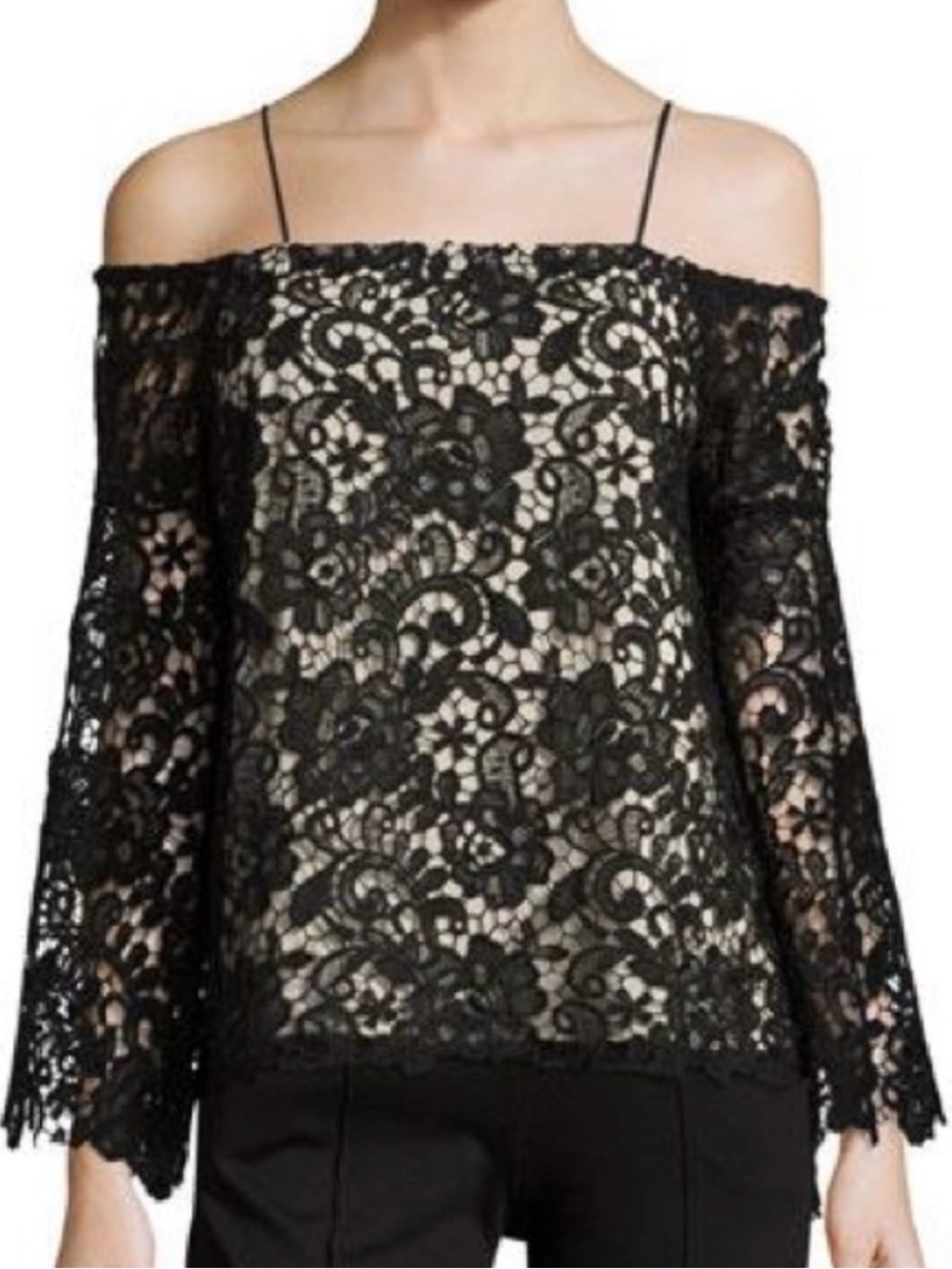 Alice + Olivia Black Floral Lace Off-Shoulder Blouse with Spaghetti Straps